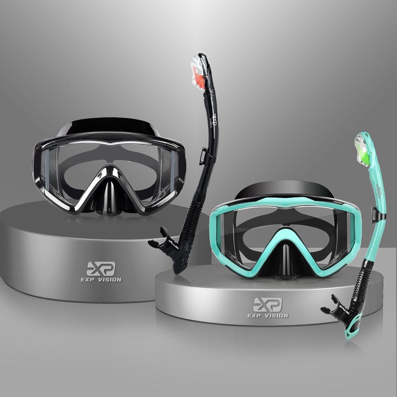 EXP VISION Snorkel Set Pano 3 Window Adult Snorkeling Gear, Professional Snorkel Goggles Anti-Fog Diving Mask, Anti-Leak Swim Goggles and Dry Top Snorkel for Diving, Snorkeling, Swimming - Image 1